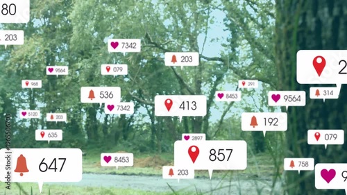 pin appearing by trunk starting callouts animating across clearing, showing social metrics
