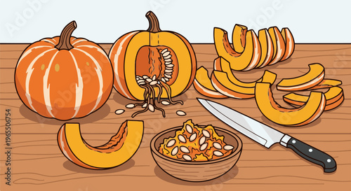 A whole pumpkin, one cut in half, and slices on a wooden surface