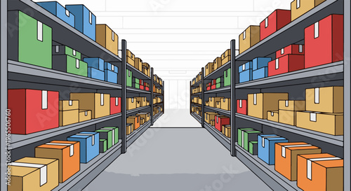 Aisle view down a warehouse with rows of colorful stacked boxes