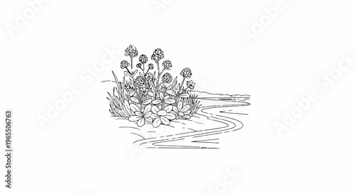 A simple line drawing of wild flowers blooming beside a winding river
