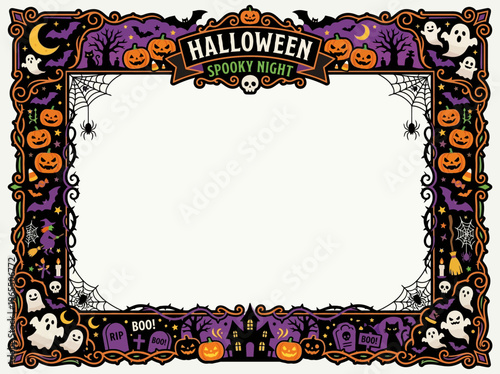 Vibrant Halloween-themed decorative frame illustration featuring jack-o'-lanterns, spectral ghosts, flying bats, and intricate spiderwebs.