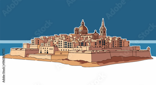 Stylized illustration of a historic fortified city with domes and spires by the sea