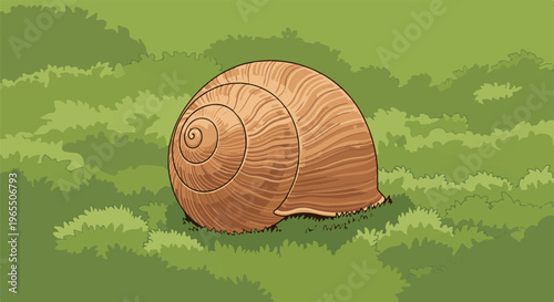 A spiral snail shell rests on lush green grass in a stylized drawing
