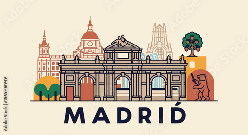 Stylized city skyline with landmark buildings, trees, and a bear icon