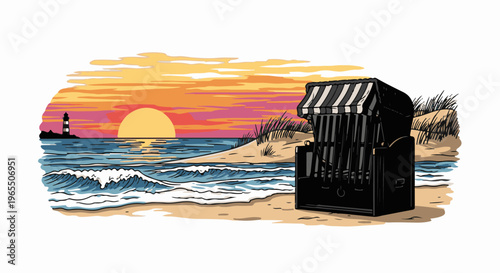 Beach scene with beach chair, lighthouse, ocean waves, and sunset sky
