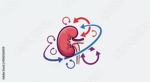 Cartoonish kidney with circling arrows symbolizing biological processes
