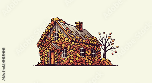 Charming cottage covered in autumn leaves with a bare tree nearby