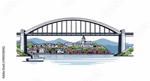 Arch bridge over a harbor town with a boat sailing on calm waters