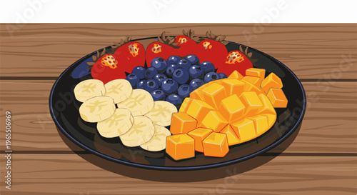 Colorful plate of assorted fresh fruits on a wooden table
