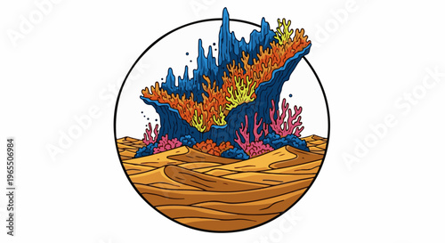 Colorful coral reef with sandy seabed within a black circle