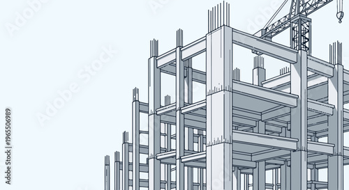 Construction of a concrete building with a crane in background