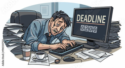 Exhausted office worker at computer with stacks of papers and a countdown timer
