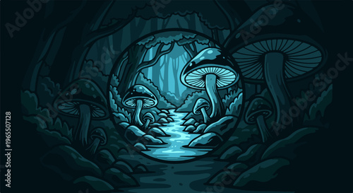 Ethereal forest scene with glowing mushrooms and a winding stream