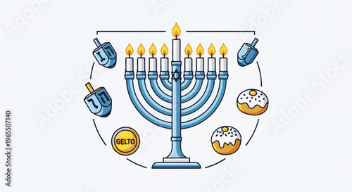 Festive celebration of Hanukkah with menorah, dreidels, doughnuts, and gelt coin