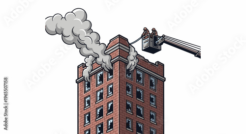 Firefighters in aerial basket combat flames erupting from damaged multi-story brick building