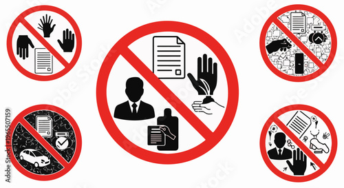 Five prohibition signs showing restrictions on documents, hands, and business