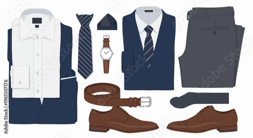 Formal mens wear flat lay suit, shirt, tie, shoes, belt, watch, socks