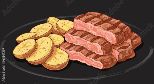 Grilled steaks with potato slices on a dark plate