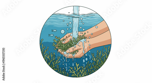 Hands gently rinsing green seaweed underwater with tiny fish swimming by