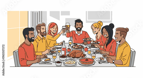 Happy diverse people sharing a festive meal and toasting with drinks