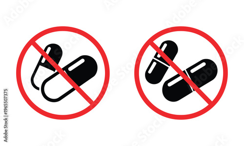 Say, no to drugs vector icon collection with ban symbols over drug items, representing prevention, awareness, and public health safety, clean modern flat design