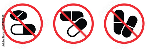 Say, no to drugs icon set featuring prohibition symbols on substances, anti-drug awareness and safety concept, modern flat vector illustration collection for health campaigns, apps, websites, 