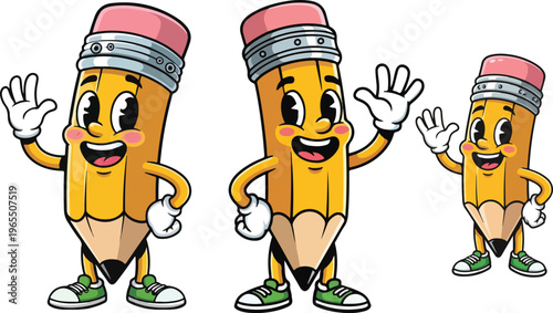 Retro cartoon pencil character set, vintage rubber hose style mascot with waving hand, friendly school supply vector illustration for education