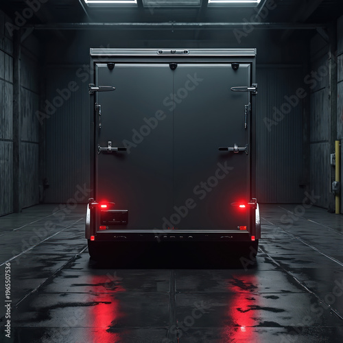 Dark grey enclosed cargo trailer stands in dimly lit industrial garage. Wet concrete floor reflects red taillights. Metal structure, closed doors, transport unit ready for delivery.