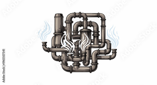 Intricate industrial pipe system with steam emitting from multiple points