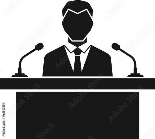 Public speaking podium silhouette, leadership communication icon, press conference graphic design, presentation symbol illustration, formal speech emblem