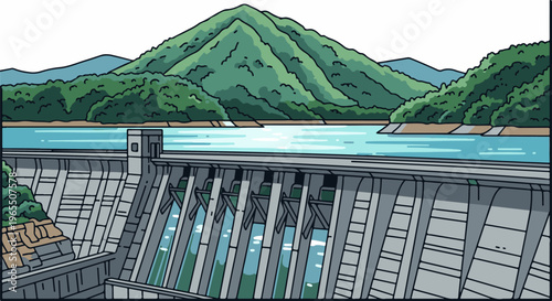 Large concrete dam holding back a vast body of water, with lush green hills
