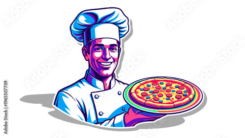 Smiling Chef Holding Freshly Baked Pizza, Vector Illustration, Vibrant Pop Art Style, Food Service and Restaurant Promotion