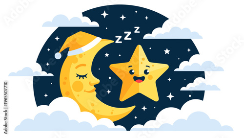 Sleeping Moon and Star Illustration, Cute Cartoon Style, Night Sky Background, Children's Sleep and Dreams Concept, Vector Graphic