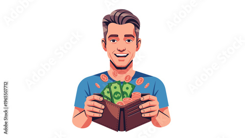 Smiling Man Holding Open Wallet Full of Cash and Coins, Vector Illustration, Financial Success Concept, Business and Personal Finance