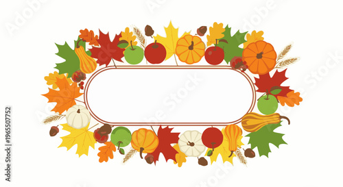 Oval frame with colorful autumn leaves, pumpkins, apples, and gourds
