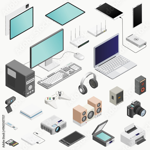 Electronic devices, gadgets and office equipment isometric icons large collection. Desktop computer, laptop, smartphone, tablet, camera, and digital accessories for modern workplace vector set
