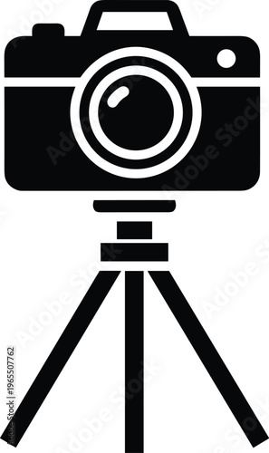 Camera on tripod silhouette, photography equipment icon, photo shoot graphic design, visual documentation symbol, professional tool illustration