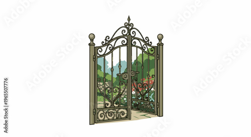 Ornate metal garden gate, partially open, reveals lush garden with flowers