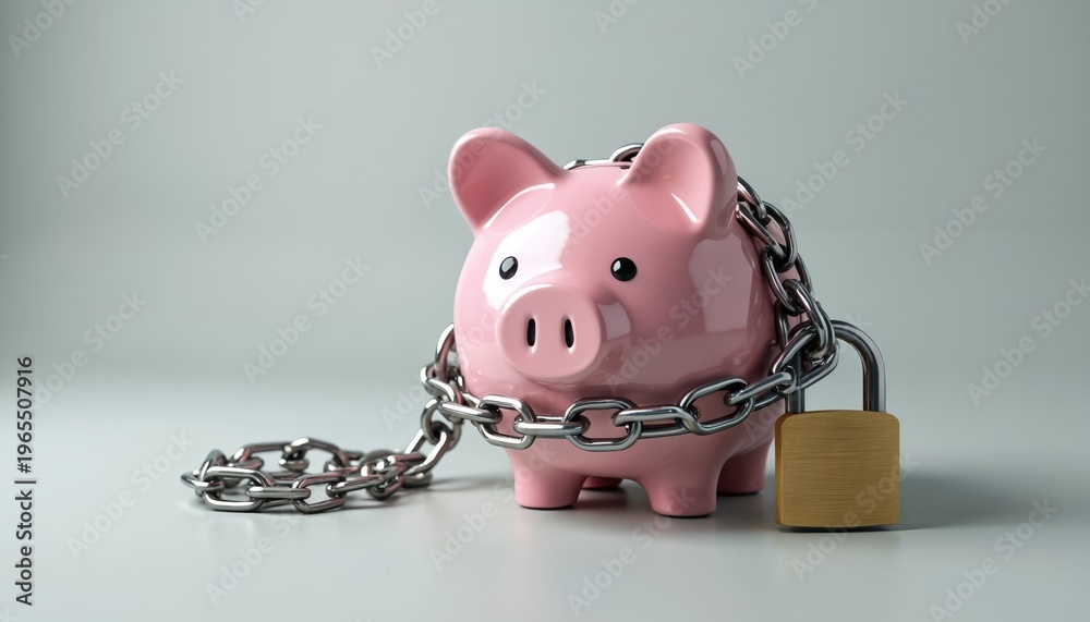 Fototapeta premium Pink piggy bank secured by metal chain and padlock. Concept of financial security and restricted access to savings. Money safety and protection idea. Secure investment protection.