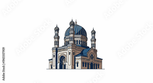 Pixelated illustration of a grand building with domes and minarets