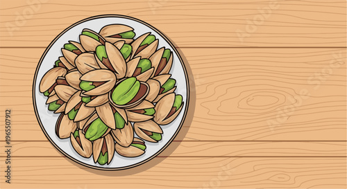 Plate of pistachios on a wooden surface, top view