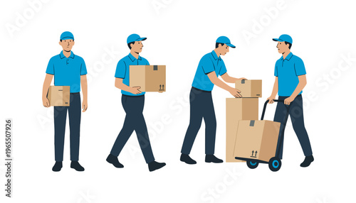Blue Delivery Courier Character Set Illustration – Four Poses with Boxes & Hand Truck