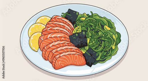 Plate of raw salmon slices with seaweed salad and lemon wedges