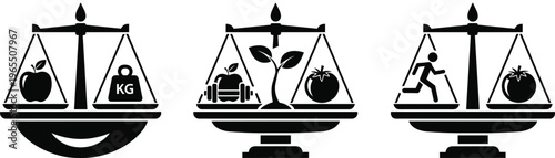 Balance scales silhouette, health lifestyle icon, nutrition and activity graphic, wellness symbol design, equilibrium concept illustration, measurement emblem
