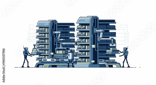Robots organize futuristic warehouse shelves filled with packages, abstract