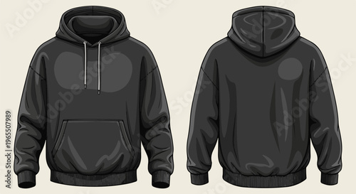 Black hooded sweatshirt, front and back view, with drawstring hood and pouch pocket