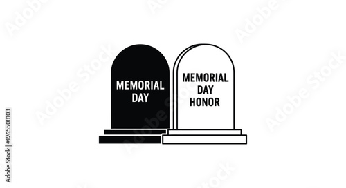 Memorial Day icons, tombstone graphics, honor symbols, black and white vector illustrations