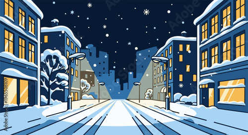 Snowy city street at night with illuminated buildings and falling snowflakes