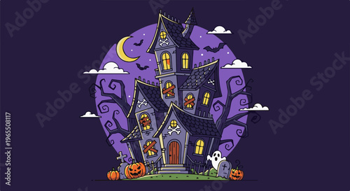 Spooky haunted house with pumpkins, ghosts, bats, and crescent moon