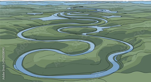 Stylized aerial view of a winding river flowing through a green, marshy landscape